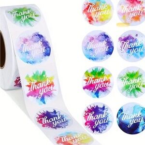 Vibrant Watercolor Thank You Stickers, 500pcs/Roll